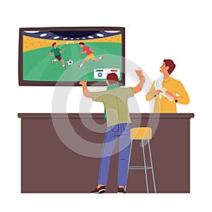 Fan Watching Football Match on Tv in Beer Pub or Night Club. Male Character Soccer Supporter and Barman Cheering