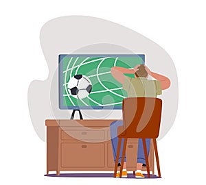 Fan Watching Football Match on Tv Holding Head due to the Goal. Male Character Soccer Supporter Sitting on Couch