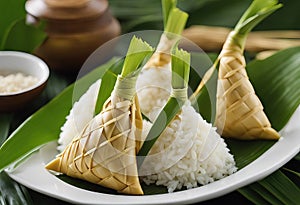 fan white field focus shape Food using leaves made depth triangular palm Asian Ketupat Shallow Palas wrapped rice