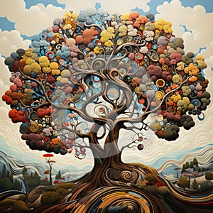 Fanciful Composition No. 10: A Colorful Tree Painting With Intricate Details photo