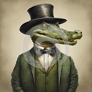 Fancy alligator. An alligator wearing elegant clothes and a galley
