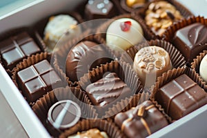 Fancy box filled with various chocolates placed on a table, A box of assorted chocolates with fancy packaging