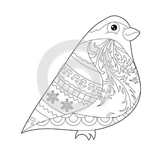 Fancy bullfinch on white background. Contour illustration for coloring book with fantasy bird. Anti stress picture. Line art