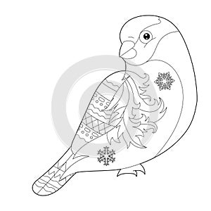 Fancy bullfinch on white background. Contour illustration for coloring book with fantasy bird. Anti stress picture. Line art