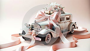 Fancy Car with Ribbons and Bows on Pastel Background - AI Generated