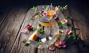 A fancy cocktail in a highball glass, decorated with various kind of spring flowers and orange, warm wild forest mood tone, high