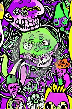 Fancy color spooky with scary skulls, eyes, halloween theme, AI