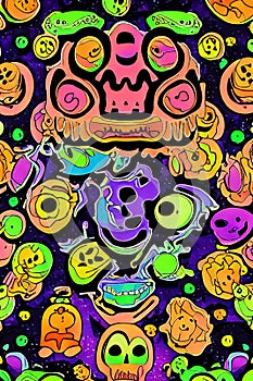 Fancy color spooky with scary skulls, eyes, halloween theme, AI