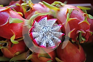 Fancy Cut Dragon Fruit Displayed at Farmer\'s Market Sale