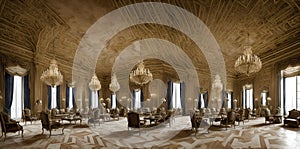 A fancy dining room with chandeliers and tables created with Generative AI technology