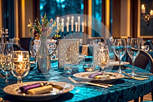 A fancy dinner table with plates, wine glasses, and candles