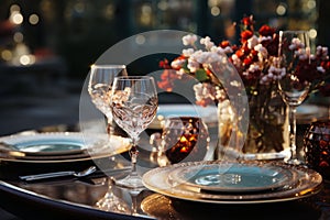 A fancy dinner table, wine glasses, a candle, white and red flowers in a see through vase on a black surface, a dark