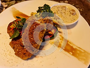 Fancy Dinner Tenderloin Steak with Vegetables and Mushroom Sauce