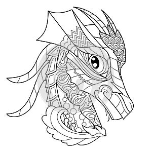 Fancy dragon head on white background. Contour illustration for coloring book with fantasy reptile. Anti stress picture. Line art