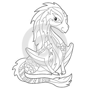 Fancy dragon on white background. Contour illustration for coloring book with fantasy reptile. Anti stress picture. Line art