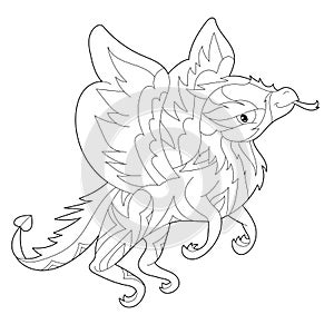 Fancy dragon on white background. Contour illustration for coloring book with fantasy reptile. Anti stress picture. Line art