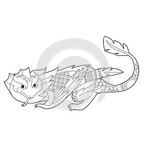 Fancy dragon on white background. Contour illustration for coloring book with fantasy reptile. Anti stress picture. Line art