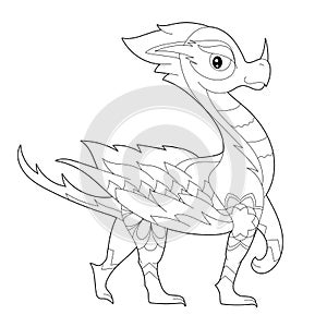 Fancy dragon on white background. Contour illustration for coloring book with fantasy reptile. Anti stress picture. Line art