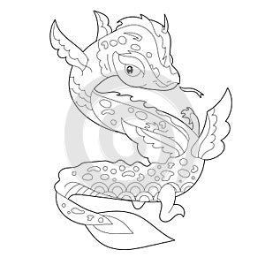 Fancy dragon on white background. Contour illustration for coloring book with fantasy reptile. Anti stress picture. Line art