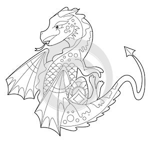 Fancy dragon on white background. Contour illustration for coloring book with fantasy reptile. Anti stress picture. Line art