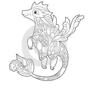 Fancy dragon on white background. Contour illustration for coloring book with fantasy reptile. Anti stress picture. Line art