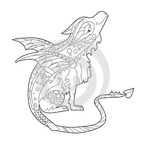 Fancy dragon on white background. Contour illustration for coloring book with fantasy reptile. Anti stress picture. Line art