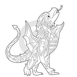Fancy dragon on white background. Contour illustration for coloring book with fantasy reptile. Anti stress picture. Line art