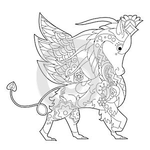 Fancy dragon on white background. Contour linear illustration for coloring book with fantasy reptile.  Anti stress picture. Line