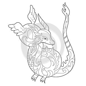 Fancy dragon on white background. Contour linear illustration for coloring book with fantasy reptile.  Anti stress picture. Line