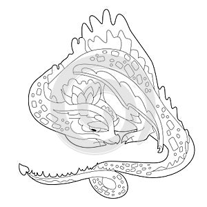 Fancy dragon on white background. Contour linear illustration for coloring book with fantasy reptile.  Anti stress picture. Line