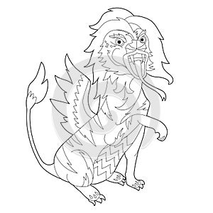 Fancy dragon on white background. Contour linear illustration for coloring book with fantasy reptile.  Anti stress picture. Line