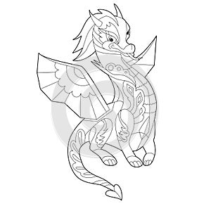 Fancy dragon on white background. Contour linear illustration for coloring book with fantasy reptile.  Anti stress picture. Line