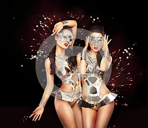 Fancy Dress Party. Showgirls over Sparkling Background