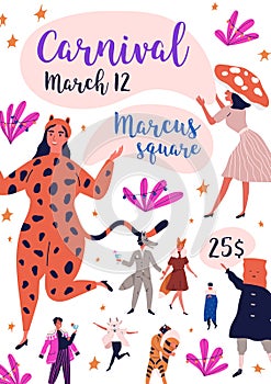 Fancy dress party vertical poster design. Carnival invitation with people celebrate in animal costume, jumpsuit. Flat