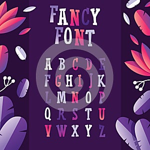 Fancy english alphabet from Ato Z in vivid color gradients, decorated with leaves and greenry design. Vector illustration, good