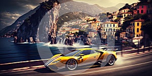 Fancy expensive sports car racing around curves in the town of Positano
