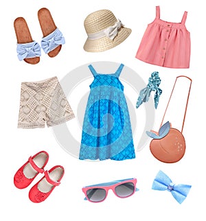 Fancy girl`s set of clothing isolated on white. Summer child girl clothes collection.Outfit