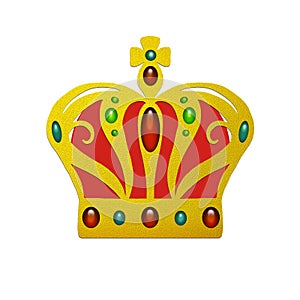 Fancy gold crown with inlaid jewels of ruby emerald and sapphires with red velvet cloth and gold cross on top