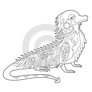 Fancy iguana on white background. Contour linear illustration for coloring book with fantasy dracon.  Anti stress picture. Line