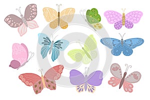 Fancy little colorful butterflies set in simple flat style vector illustration