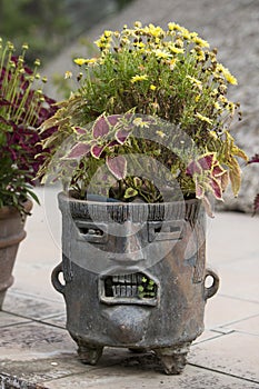 Fancy Mayan planter with face made of clay or stone