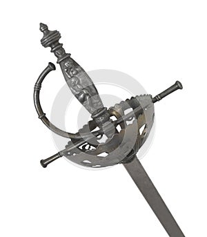 Fancy metal hilt of an old sword isolated.