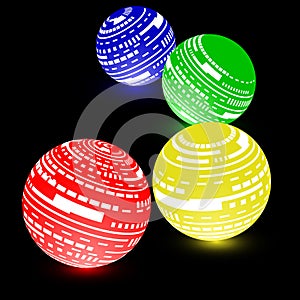 Fancy neon ball, digital shining planet on dark background. Red Yellow Green Blue striped glowing geometric shapes.