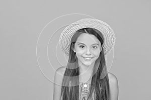 Fancy outfit. Summer fashion. Good vibes. Beach style. Beauty in hat. Portrait of happy cheerful girl in summer hat