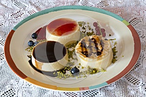 Fancy panna cotta with blueberries and green little pistachio