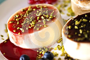 Fancy panna cotta with blueberries and green little pistachio
