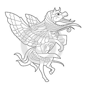 Fancy pegasus on white background. Contour illustration for coloring book with fantasy horse. Anti stress picture. Line art design