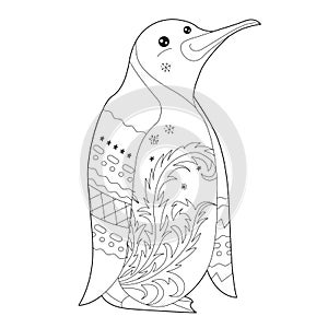 Fancy penguin on white background. Contour illustration for coloring book with fantasy bird. Anti stress picture. Line art design