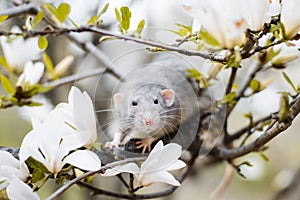 Fancy rat in magnolia blossom, Chinese New year 2020 symbol