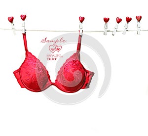 Fancy red bra hanging on clothesline